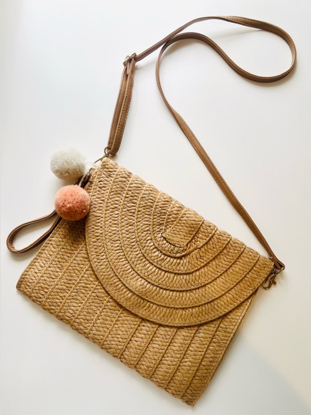 Straw crossbody clutch Bag with Pom Pom Coastal Beach